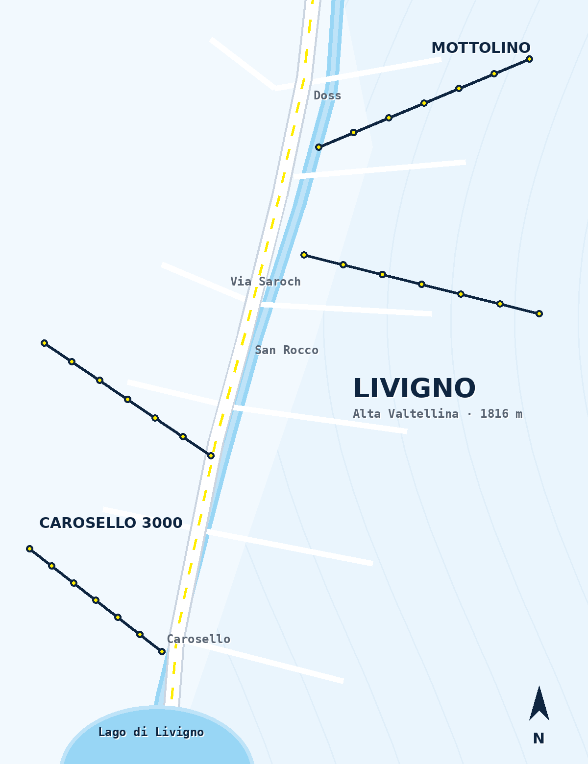 Kaart van Livigno met de 3 Skialo-winkels: Doss, San Rocco en Carosello 3000
